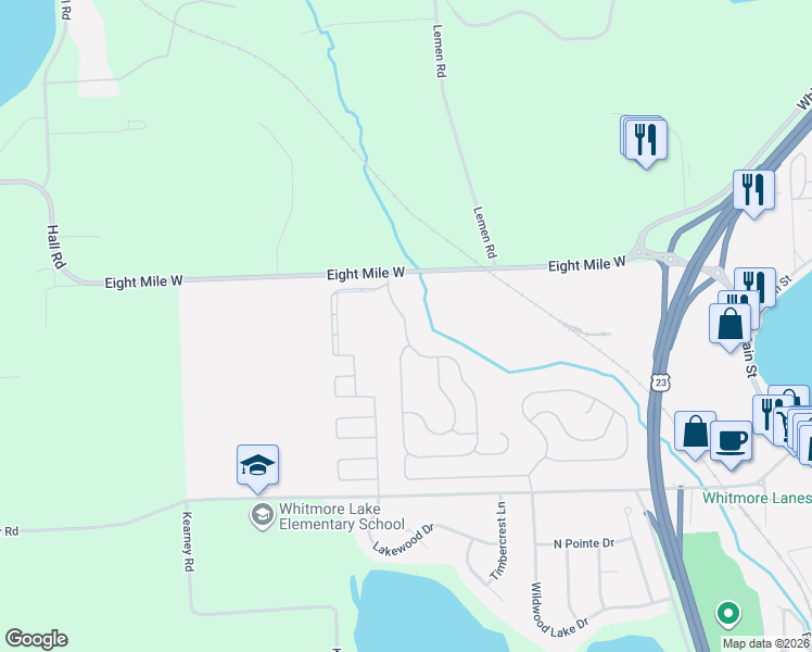 map of restaurants, bars, coffee shops, grocery stores, and more near 91 Emerald Circle in Whitmore Lake