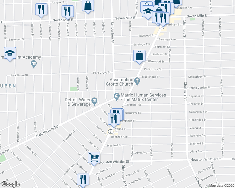 map of restaurants, bars, coffee shops, grocery stores, and more near 13613 East McNichols Road in Detroit