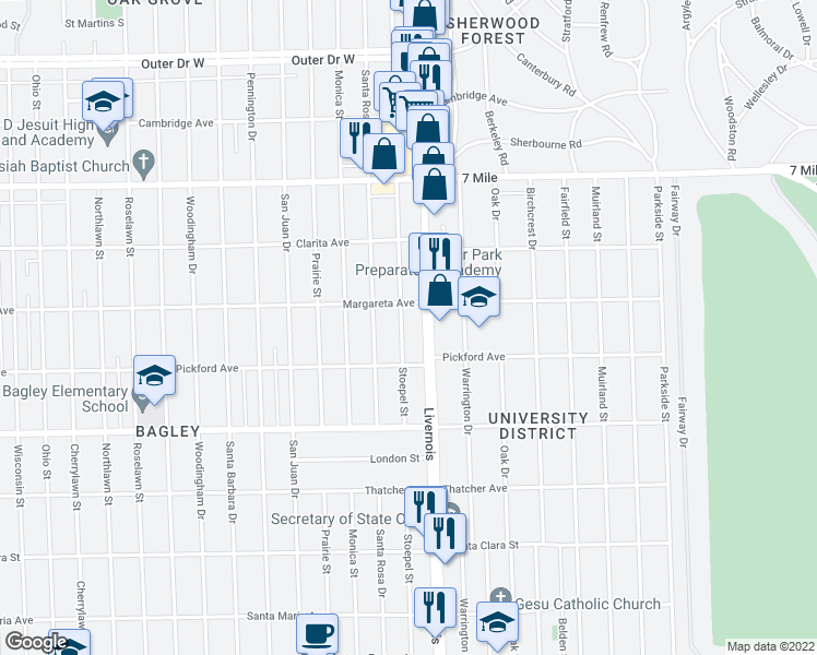 map of restaurants, bars, coffee shops, grocery stores, and more near 18474 Stoepel Street in Detroit