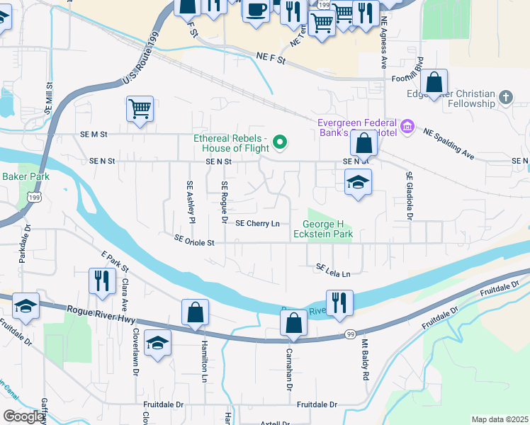map of restaurants, bars, coffee shops, grocery stores, and more near 1150 Southeast Marjean Lane in Grants Pass