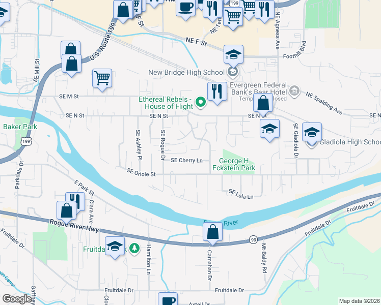 map of restaurants, bars, coffee shops, grocery stores, and more near 1137 Southeast Rogue Drive in Grants Pass
