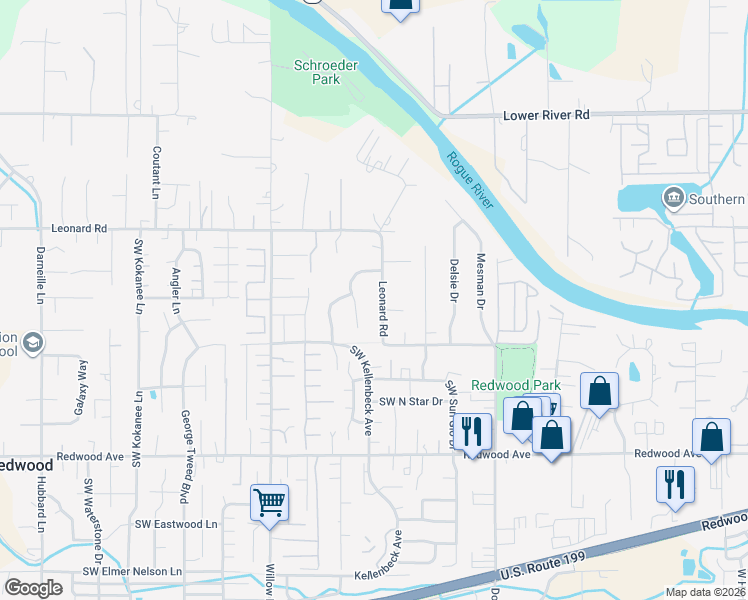 map of restaurants, bars, coffee shops, grocery stores, and more near 1712 Leonard Road in Grants Pass