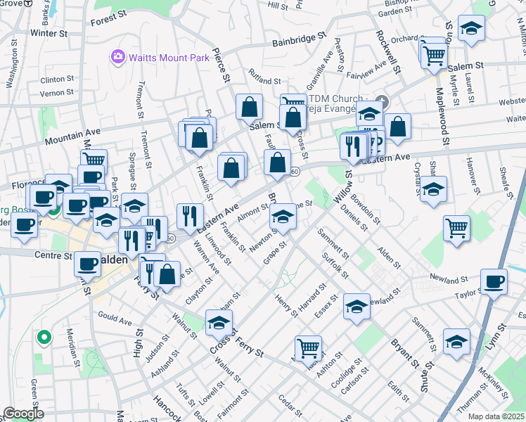 map of restaurants, bars, coffee shops, grocery stores, and more near 67 Almont Street in Malden