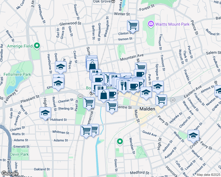 map of restaurants, bars, coffee shops, grocery stores, and more near 157 Pleasant Street in Malden