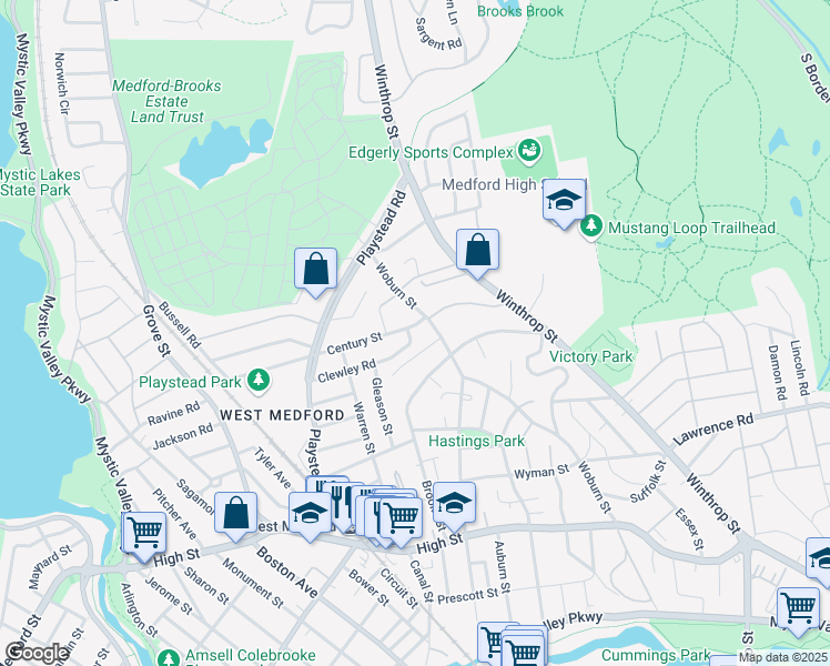 map of restaurants, bars, coffee shops, grocery stores, and more near 21 Century Street in Medford