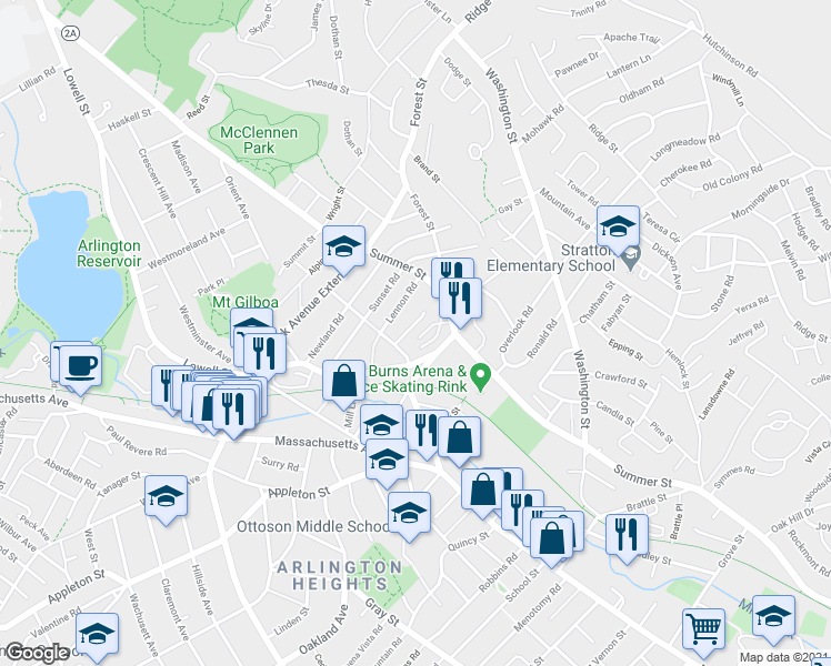 map of restaurants, bars, coffee shops, grocery stores, and more near 11 Rockaway Lane in Arlington