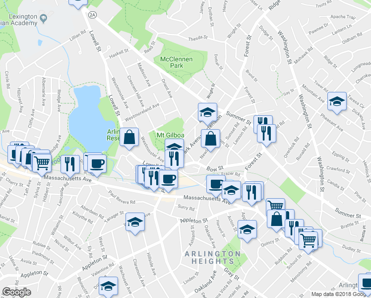 map of restaurants, bars, coffee shops, grocery stores, and more near 21 Alpine Street in Arlington