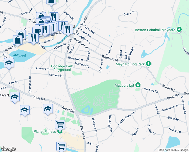 map of restaurants, bars, coffee shops, grocery stores, and more near 68 Forest Street in Maynard