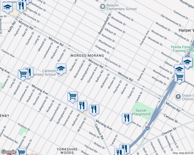 map of restaurants, bars, coffee shops, grocery stores, and more near 11509 Balfour Road in Detroit