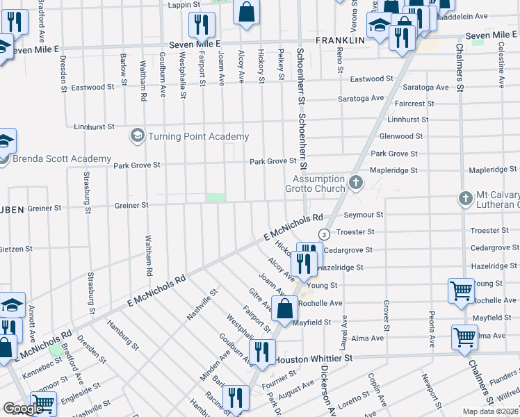map of restaurants, bars, coffee shops, grocery stores, and more near 13318 Greiner Street in Detroit
