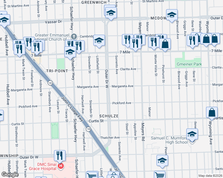 map of restaurants, bars, coffee shops, grocery stores, and more near 5225 Outer Drive West in Detroit