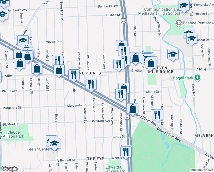 map of restaurants, bars, coffee shops, grocery stores, and more near 18968 Lenore Avenue in Detroit