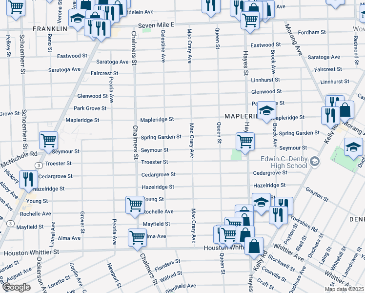 map of restaurants, bars, coffee shops, grocery stores, and more near 14677 Seymour Street in Detroit
