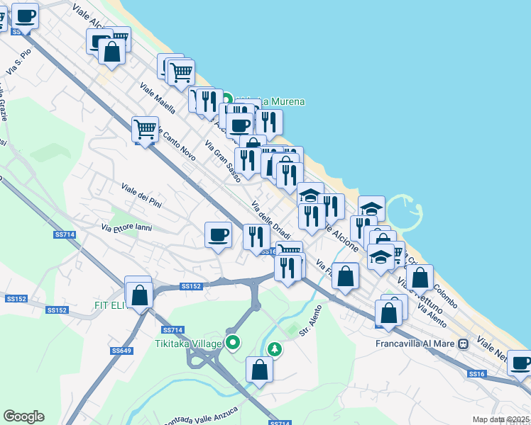 map of restaurants, bars, coffee shops, grocery stores, and more near 1A Via delle Driadi in Francavilla al Mare