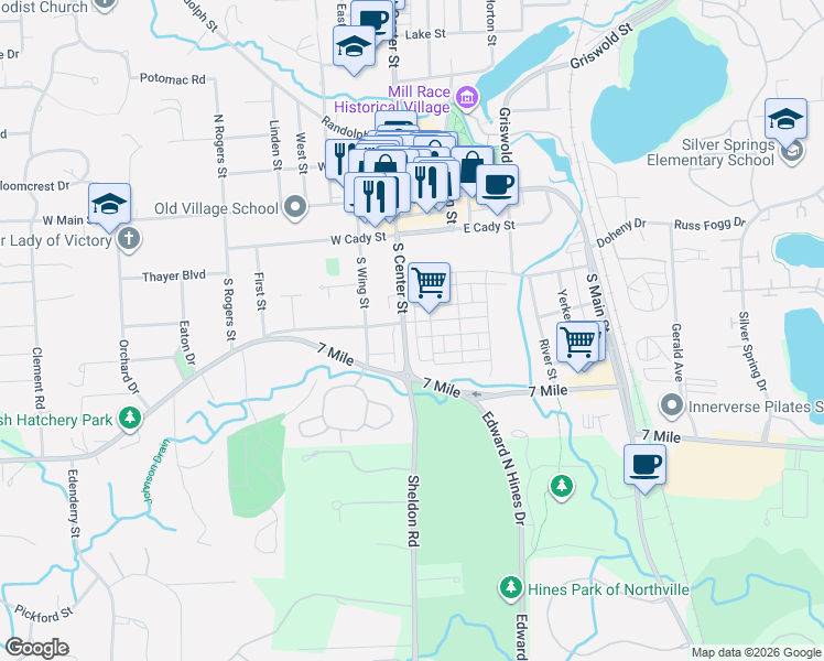 map of restaurants, bars, coffee shops, grocery stores, and more near 105 Fairbrook Street in Northville