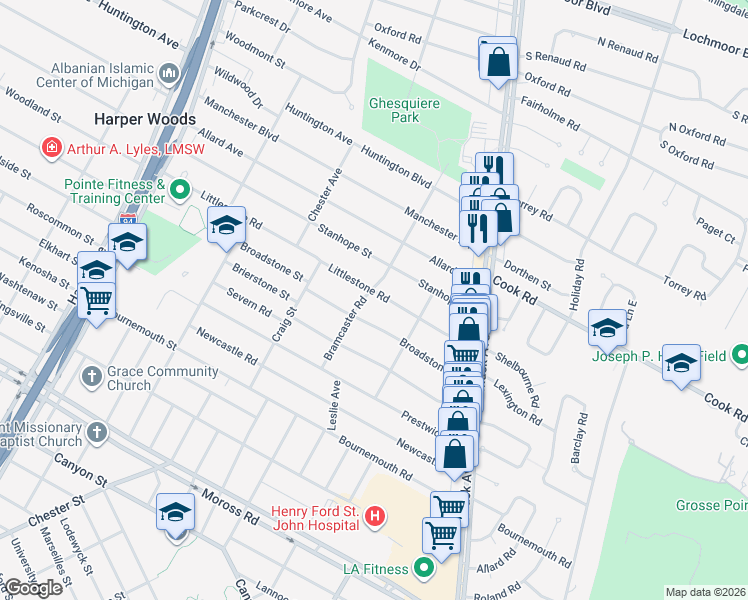 map of restaurants, bars, coffee shops, grocery stores, and more near 1859 Littlestone Road in Grosse Pointe Woods