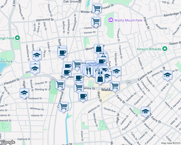 map of restaurants, bars, coffee shops, grocery stores, and more near 36 Dartmouth Street in Malden