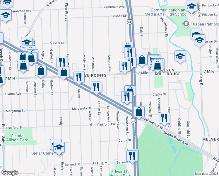 map of restaurants, bars, coffee shops, grocery stores, and more near 18968 Lenore Avenue in Detroit