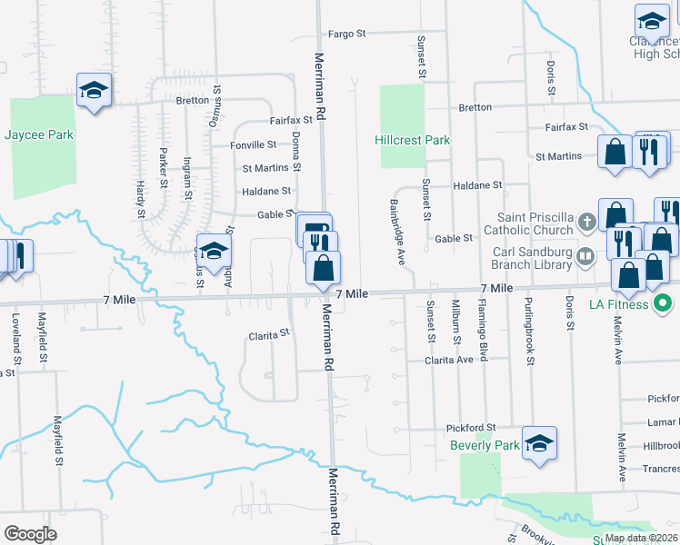 map of restaurants, bars, coffee shops, grocery stores, and more near 19276 Merriman Road in Livonia