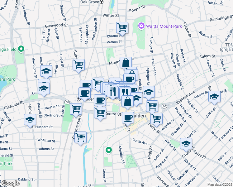 map of restaurants, bars, coffee shops, grocery stores, and more near 75 Pleasant Street in Malden