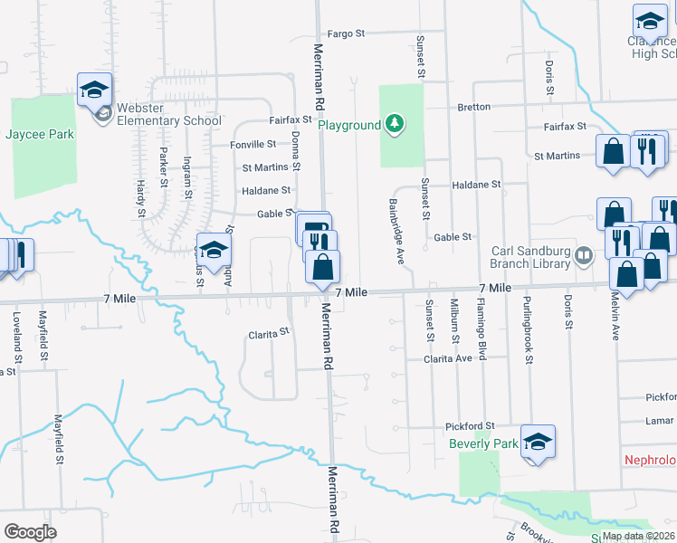 map of restaurants, bars, coffee shops, grocery stores, and more near 19276 Merriman Road in Livonia