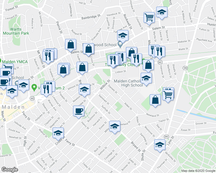 map of restaurants, bars, coffee shops, grocery stores, and more near 83 Daniels Street in Malden