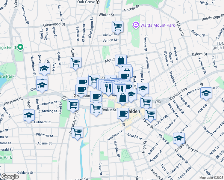 map of restaurants, bars, coffee shops, grocery stores, and more near 75 Pleasant Street in Malden