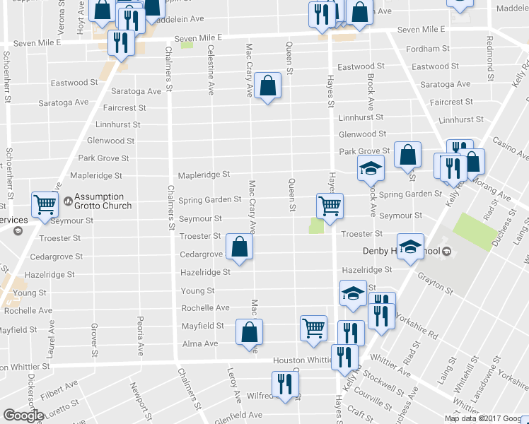 map of restaurants, bars, coffee shops, grocery stores, and more near 14829 Seymour Street in Detroit