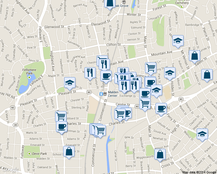 map of restaurants, bars, coffee shops, grocery stores, and more near 215 Pleasant Street in Malden