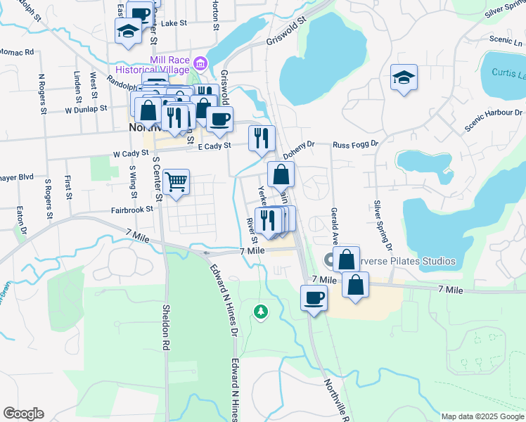 map of restaurants, bars, coffee shops, grocery stores, and more near 416 Yerkes Street in Northville