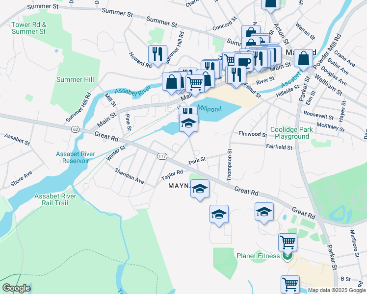 map of restaurants, bars, coffee shops, grocery stores, and more near 4 Percival Street in Maynard
