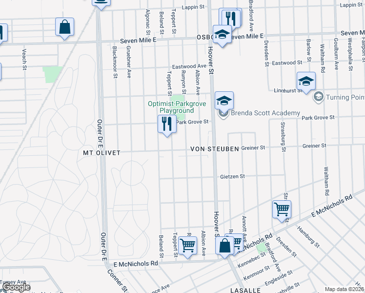 map of restaurants, bars, coffee shops, grocery stores, and more near 11391 Greiner Street in Detroit