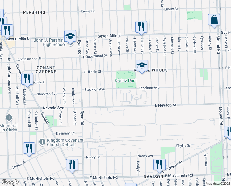 map of restaurants, bars, coffee shops, grocery stores, and more near 18090 Justine Street in Detroit