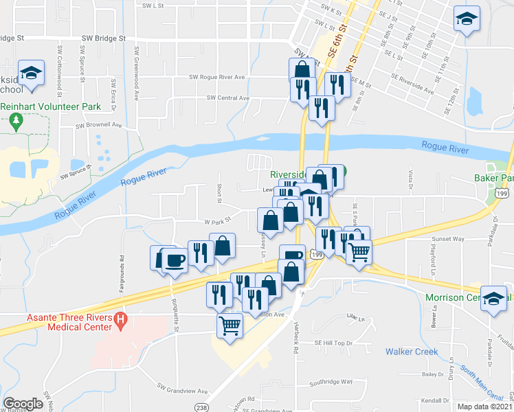 map of restaurants, bars, coffee shops, grocery stores, and more near 210 West Park Street in Grants Pass