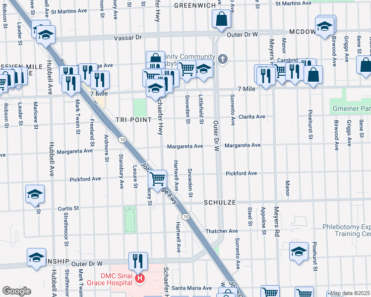 map of restaurants, bars, coffee shops, grocery stores, and more near 18517 Snowden Street in Detroit