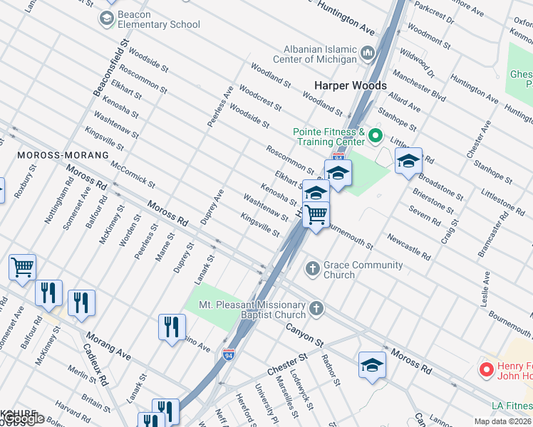 map of restaurants, bars, coffee shops, grocery stores, and more near 20624 Washtenaw Street in Harper Woods