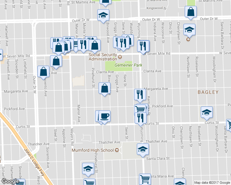 map of restaurants, bars, coffee shops, grocery stores, and more near 18501 Griggs Street in Detroit