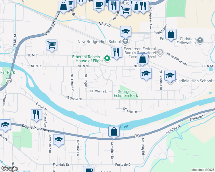 map of restaurants, bars, coffee shops, grocery stores, and more near 1150 Southeast Marjean Lane in Grants Pass