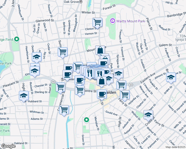map of restaurants, bars, coffee shops, grocery stores, and more near 36 Dartmouth Street in Malden