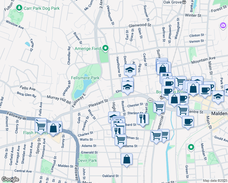 map of restaurants, bars, coffee shops, grocery stores, and more near 69 Elm Street in Malden