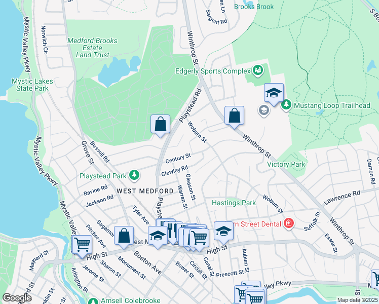 map of restaurants, bars, coffee shops, grocery stores, and more near 21 Century Street in Medford