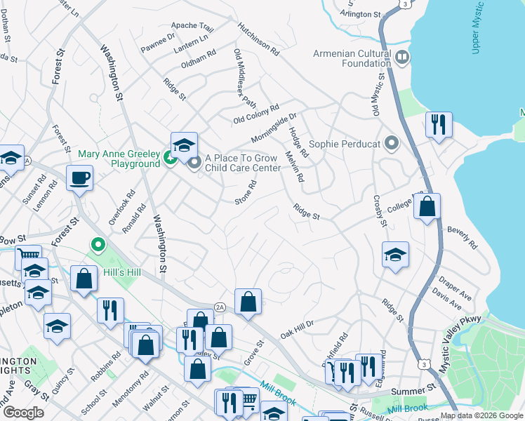 map of restaurants, bars, coffee shops, grocery stores, and more near 15 Jeffrey Road in Arlington
