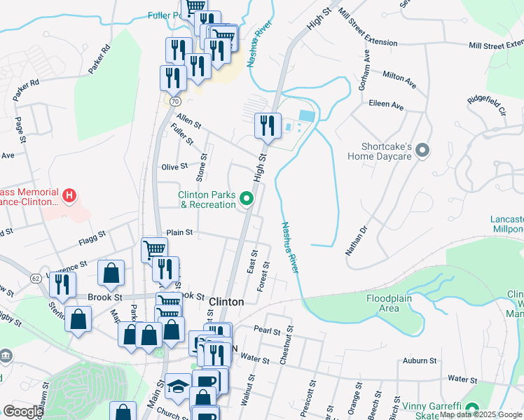 map of restaurants, bars, coffee shops, grocery stores, and more near 565 Massachusetts 110 in Clinton