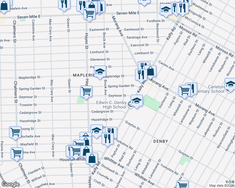 map of restaurants, bars, coffee shops, grocery stores, and more near 15515 Seymour Street in Detroit