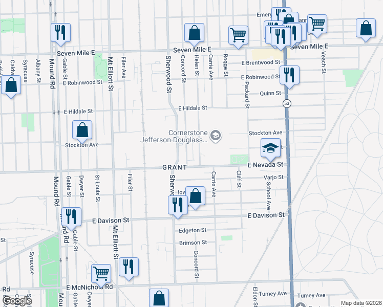 map of restaurants, bars, coffee shops, grocery stores, and more near 18056 Concord Street in Detroit