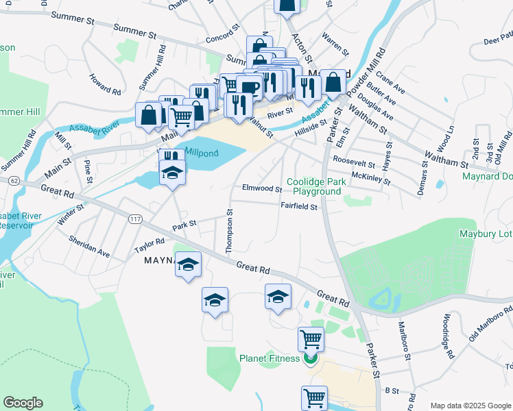 map of restaurants, bars, coffee shops, grocery stores, and more near 13 Fairfield Street in Maynard