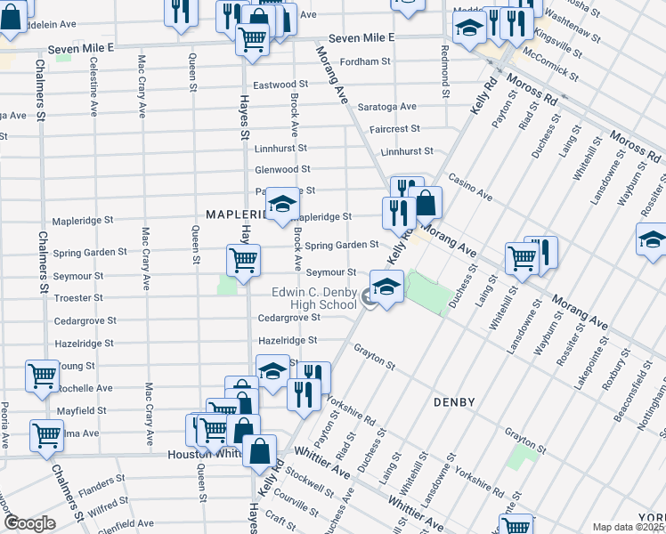 map of restaurants, bars, coffee shops, grocery stores, and more near 15515 Seymour Street in Detroit