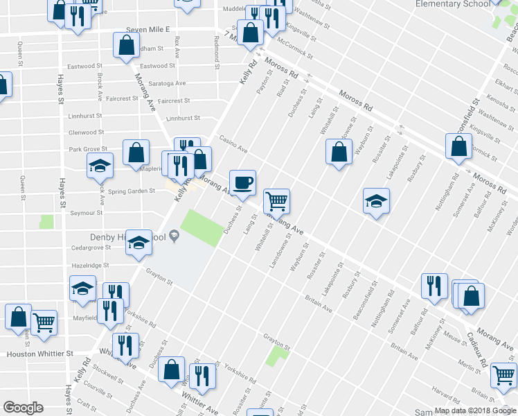 map of restaurants, bars, coffee shops, grocery stores, and more near Morang Dr & Laing St in Detroit