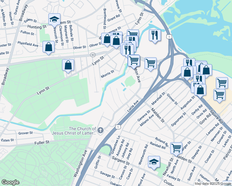 map of restaurants, bars, coffee shops, grocery stores, and more near 46 Loomis Street in Revere
