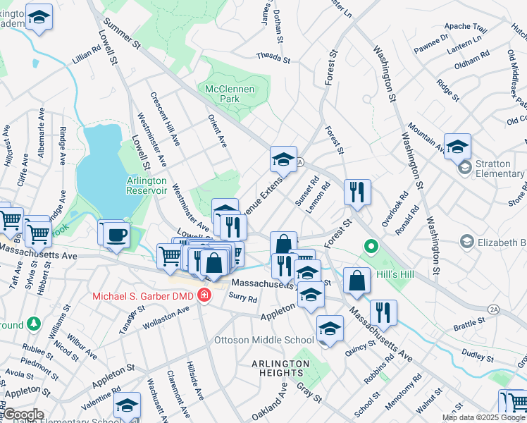 map of restaurants, bars, coffee shops, grocery stores, and more near 49 Park Avenue Extension in Arlington